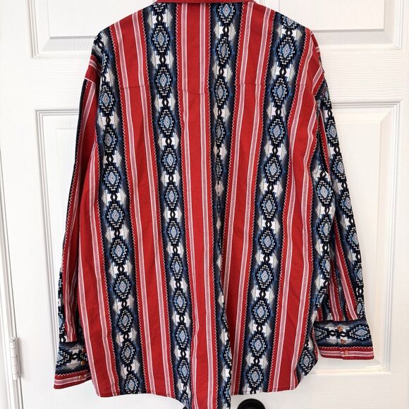 VTG Wrangler Aztec Red Blue Western Pearl Snap Shirt XL Large Mens Long Sleeve - Picture 6 of 7